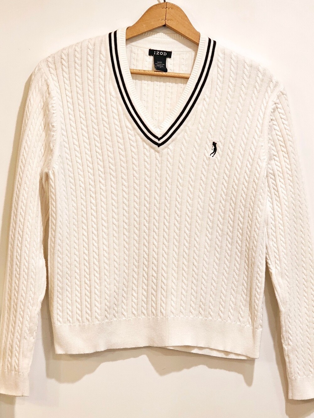 Ladies Golf Logo Izod White Cable-Knit V-Neck Sweater with Black Stripe Trim Med